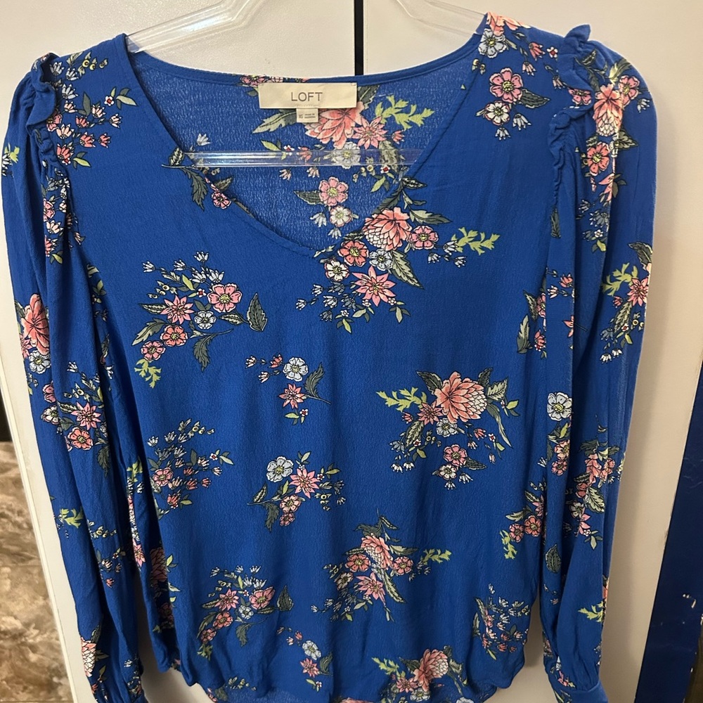 LOFT Royal Blue Floral V-Neck Long Sleeve Blouse